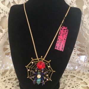 NWT Betsey Johnson Gold Spider Web Necklace with Red, Blue and Turquoise Stones